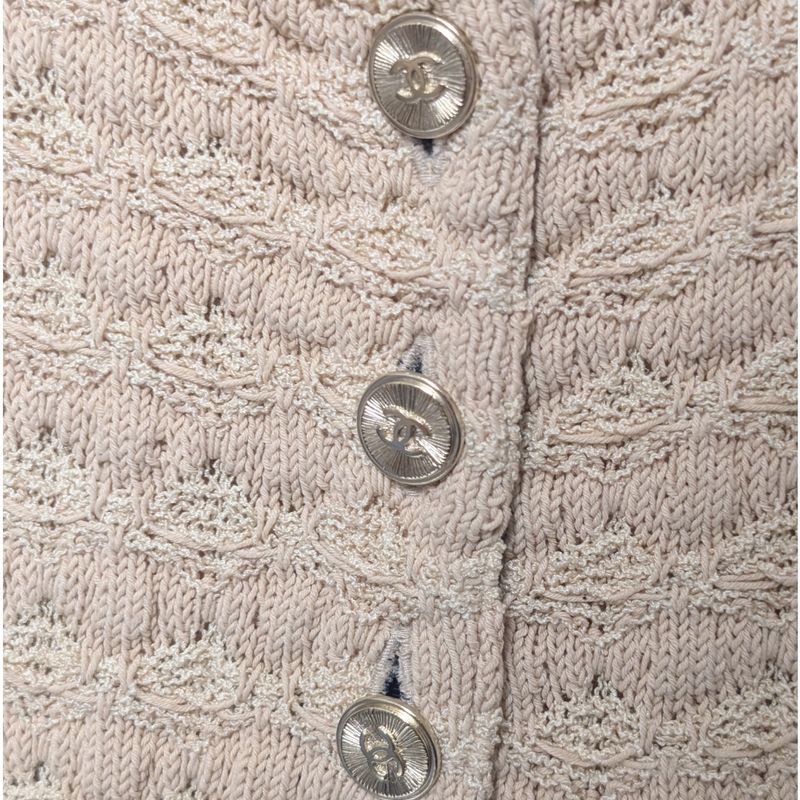 Chanel Knit Dress Beige Navy Coco Button Sleeveless