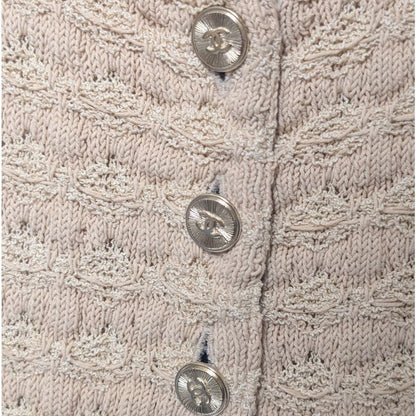 Chanel Knit Dress Beige Navy Coco Button Sleeveless