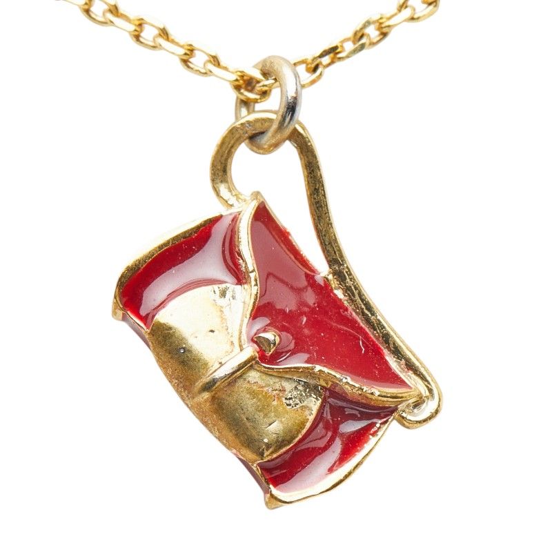 Celine Bag Motif Chain Pendant Necklace Gold Red Plated Enamel — view 2