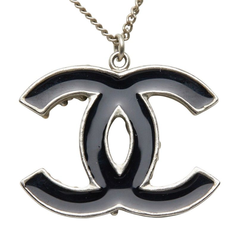 Chanel CC Logo Silver Black Metal Enamel Necklace — view 3