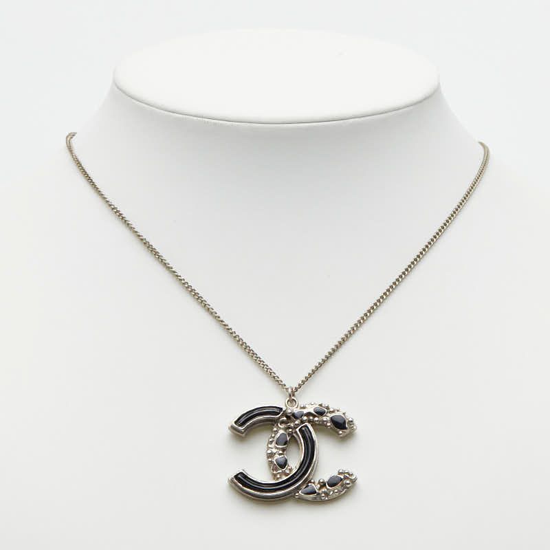 Chanel CC Logo Silver Black Metal Enamel Necklace — view 6