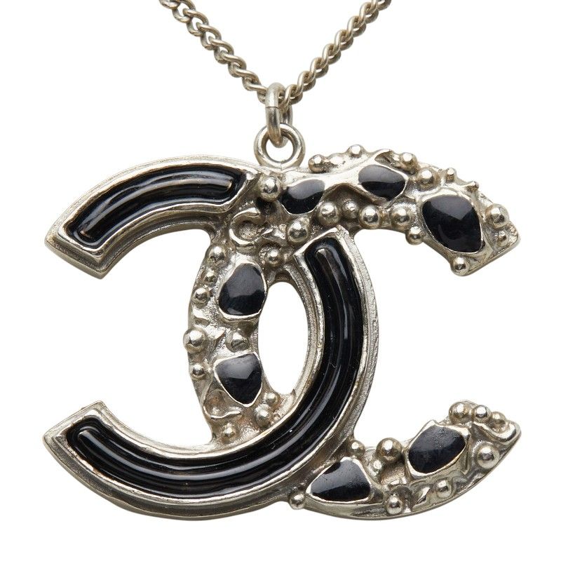 Chanel CC Logo Silver Black Metal Enamel Necklace — view 2