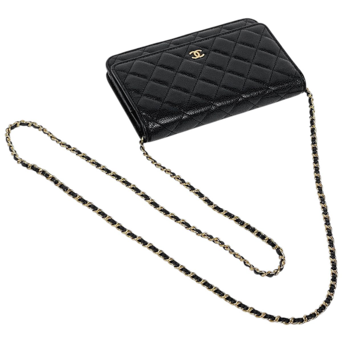 Chanel CC Logo Chain Wallet Quilted Caviar Leather Black — view 9