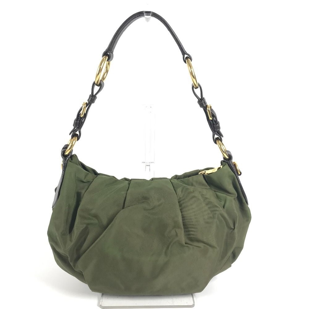 Prada Shoulder Bag Triangle Logo Leather Nylon Khaki Brown — view 2