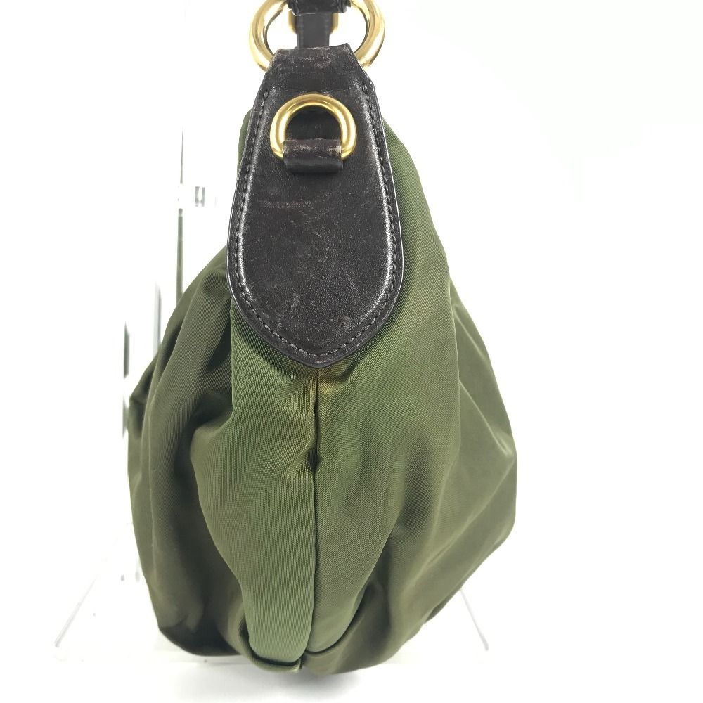 Prada Shoulder Bag Triangle Logo Leather Nylon Khaki Brown — view 3