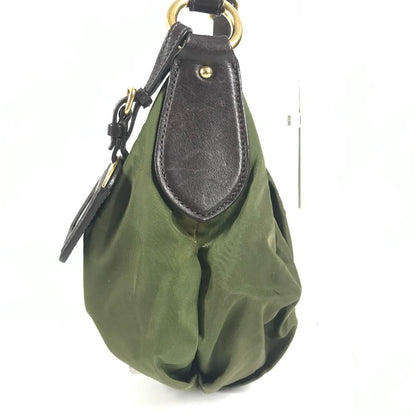 Prada Shoulder Bag Triangle Logo Leather Nylon Khaki Brown — view 4