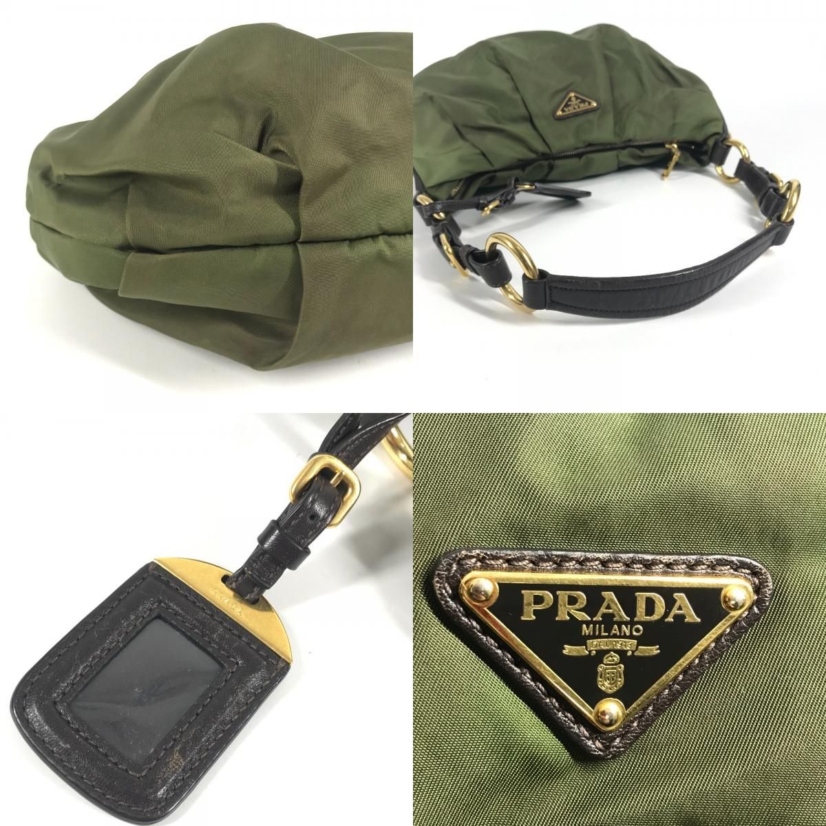 Prada Shoulder Bag Triangle Logo Leather Nylon Khaki Brown — view 7