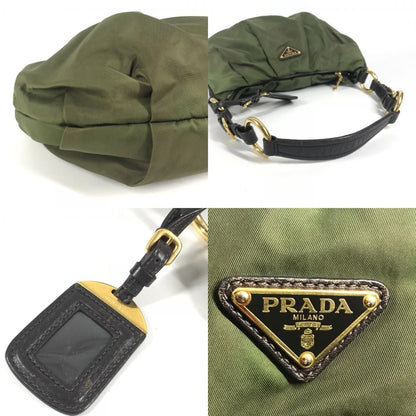 Prada Shoulder Bag Triangle Logo Leather Nylon Khaki Brown — view 7