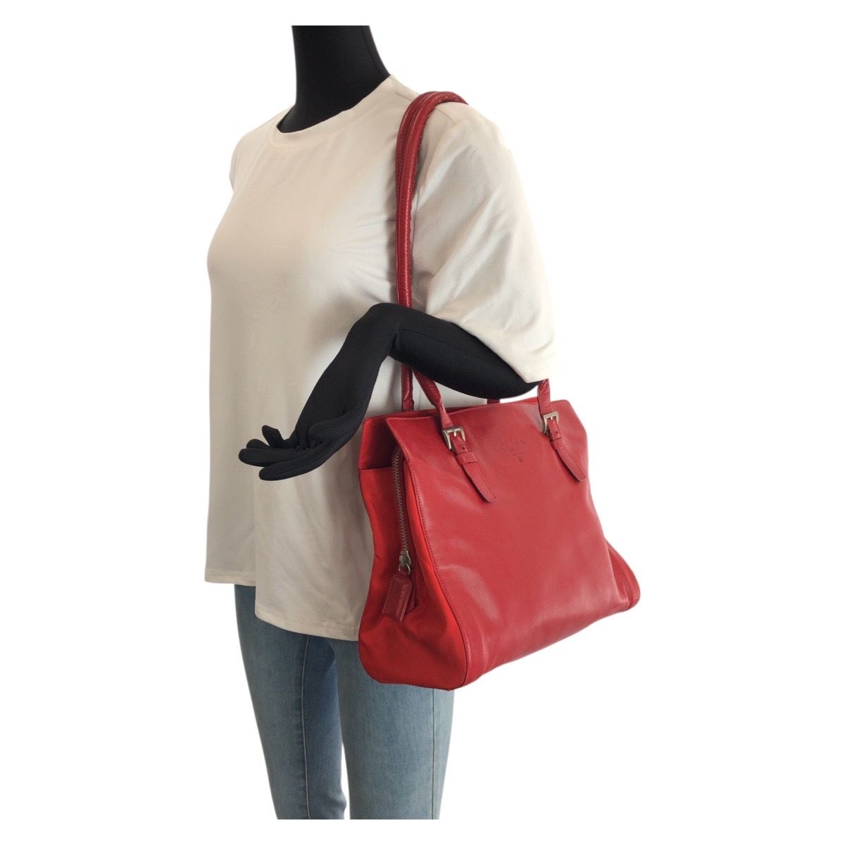 Prada Tessuto Red Silver Leather Nylon Shoulder Bag Tote — view 7