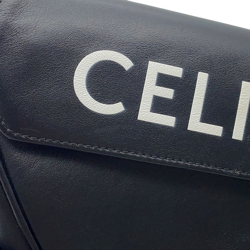 Celine Shoulder Bag Triangle Logo Leather Pochette Black