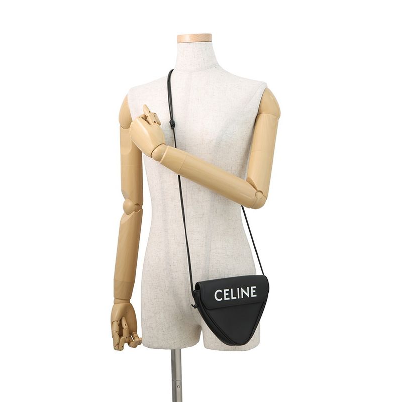 Celine Shoulder Bag Triangle Logo Leather Pochette Black