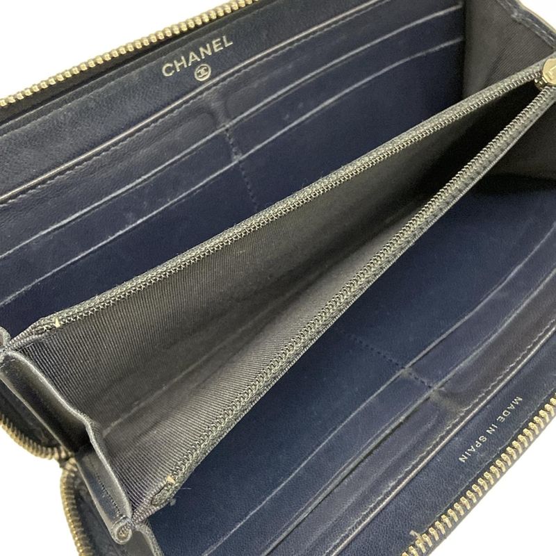 Chanel Wallet Bicolor Black Navy Silver CC Logo Zip Around
