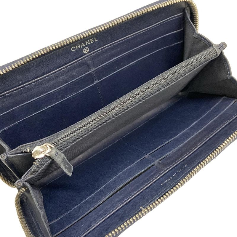 Chanel Wallet Bicolor Black Navy Silver CC Logo Zip Around