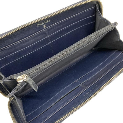 Chanel Wallet Bicolor Black Navy Silver CC Logo Zip Around