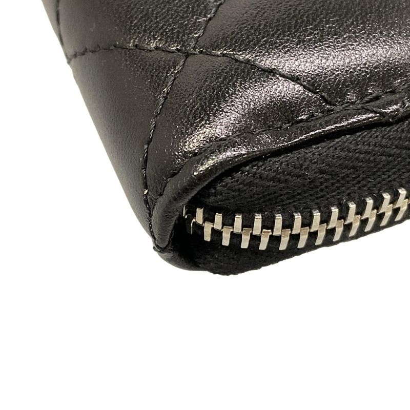 Chanel Wallet Quilted Black Silver Zip Around Lambskin