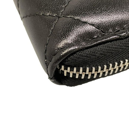 Chanel Wallet Quilted Black Silver Zip Around Lambskin