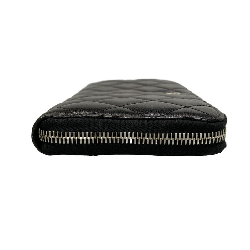 Chanel Wallet Quilted Black Silver Zip Around Lambskin