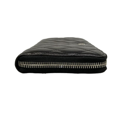 Chanel Wallet Quilted Black Silver Zip Around Lambskin