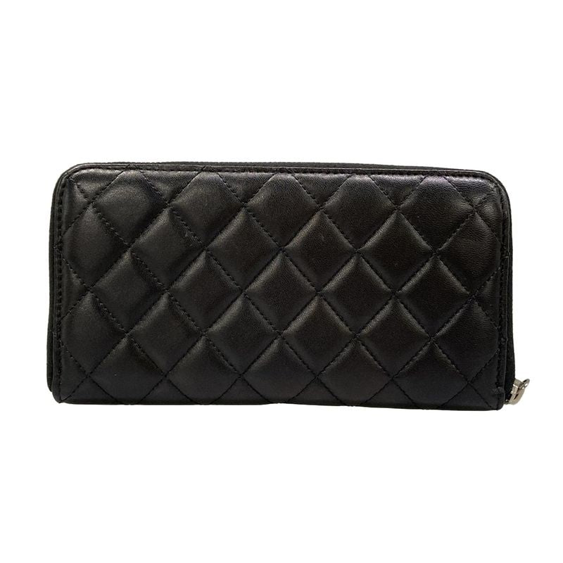 Chanel Wallet Quilted Black Silver Zip Around Lambskin