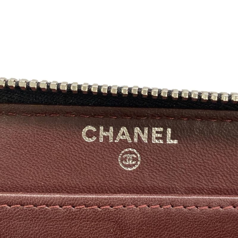 Chanel Wallet Quilted Black Silver Zip Around Lambskin