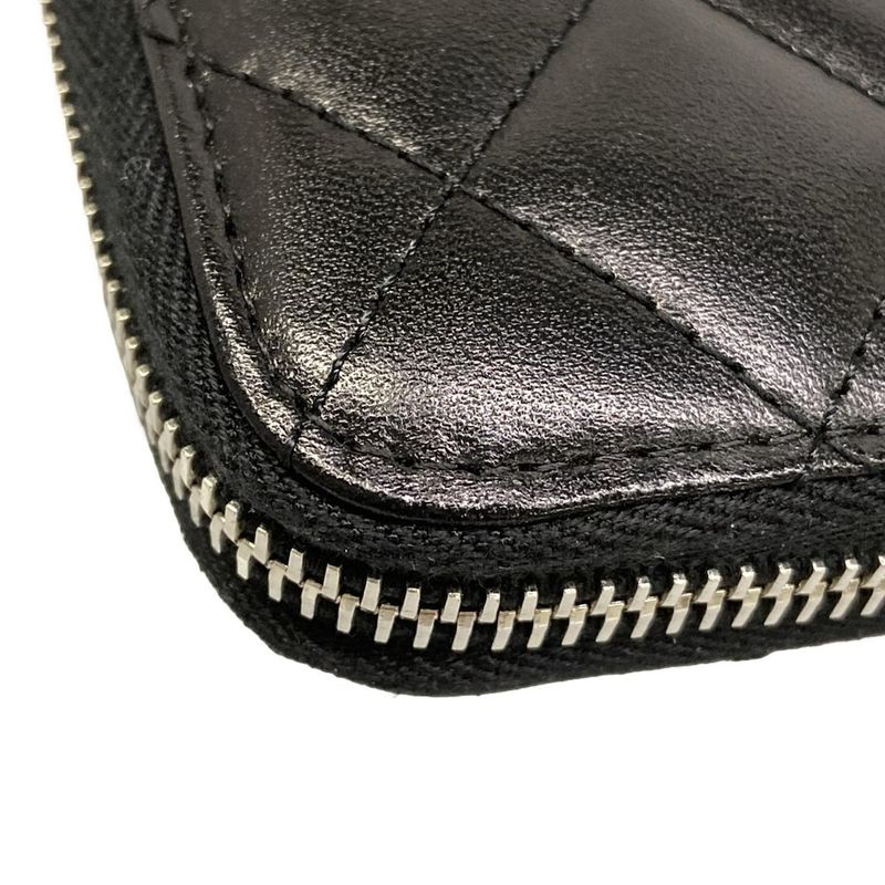 Chanel Wallet Quilted Black Silver Zip Around Lambskin