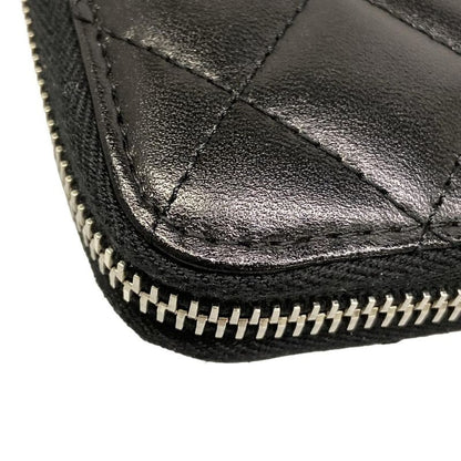 Chanel Wallet Quilted Black Silver Zip Around Lambskin