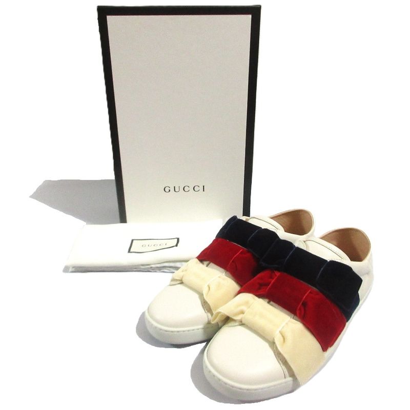 Gucci Ribbon Bee Low Cut Slip on Sneakers 36.5 White Red Navy