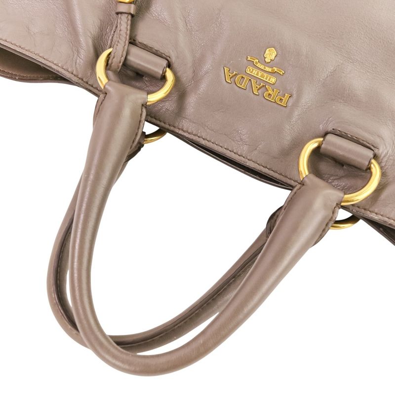 Prada Logo Leather 2-Way Tote Shoulder Bag Grey Greige
