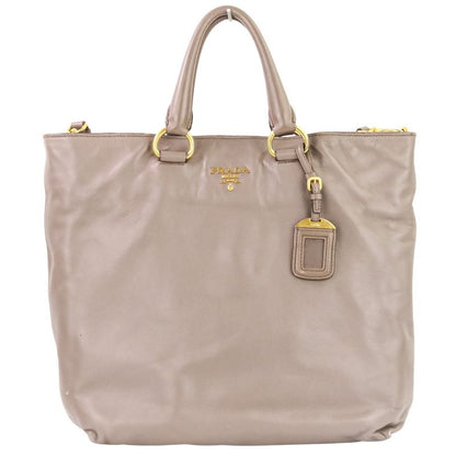 Prada Logo Leather 2-Way Tote Shoulder Bag Grey Greige