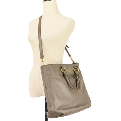 Prada Logo Leather 2-Way Tote Shoulder Bag Grey Greige
