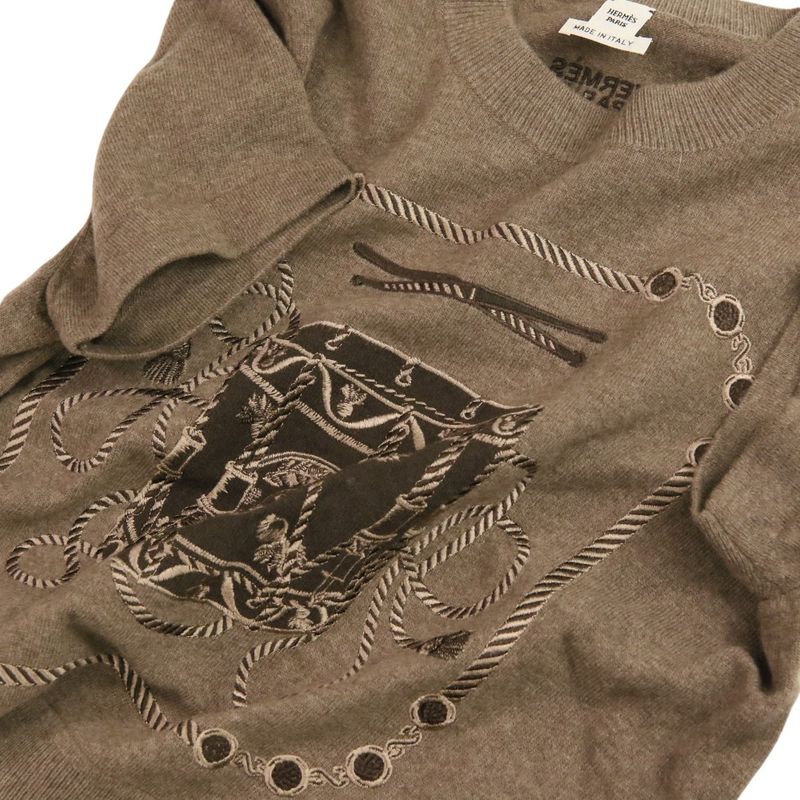 Hermes les Tambours Front Embroidery Wool Short Sleeve Knit Top