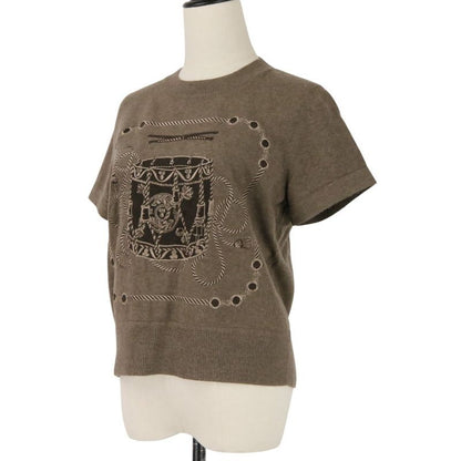 Hermes les Tambours Front Embroidery Wool Short Sleeve Knit Top