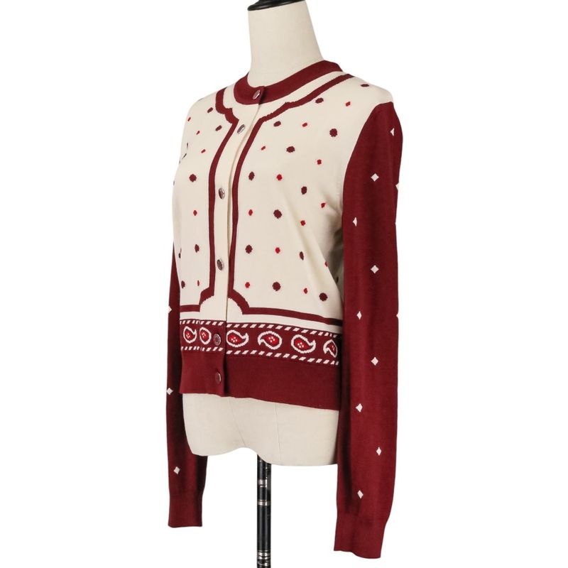 Hermes Harnais de Cour Cashmere Silk Knit Cardigan 40 Red Off White Off-white