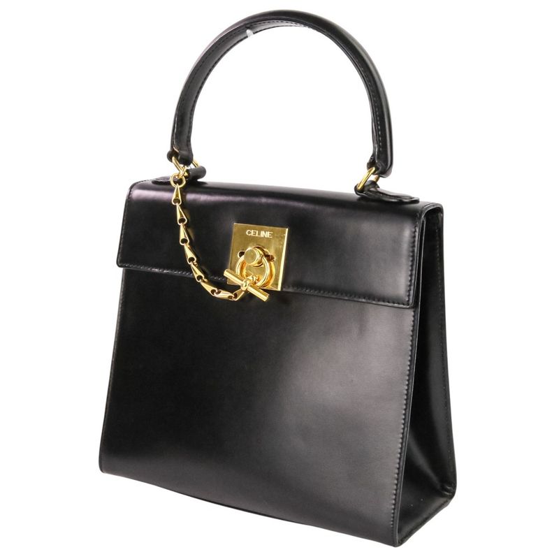 Celine Leather Chain Lock Handbag 2-Way Shoulder Black