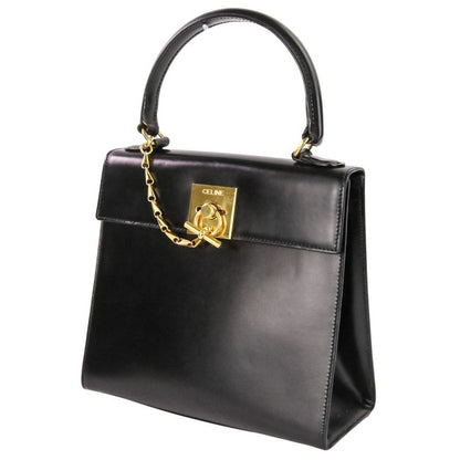 Celine Leather Chain Lock Handbag 2-Way Shoulder Black