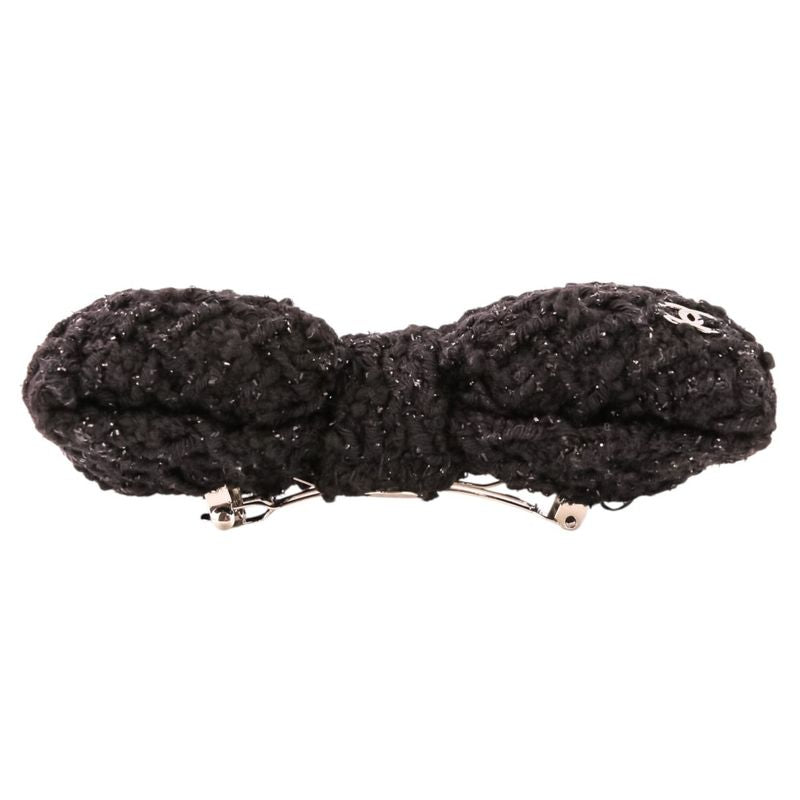 Chanel CC Logo Ribbon Tweed Barrette Black