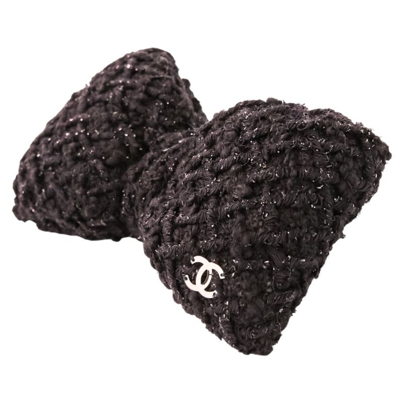 Chanel CC Logo Ribbon Tweed Barrette Black