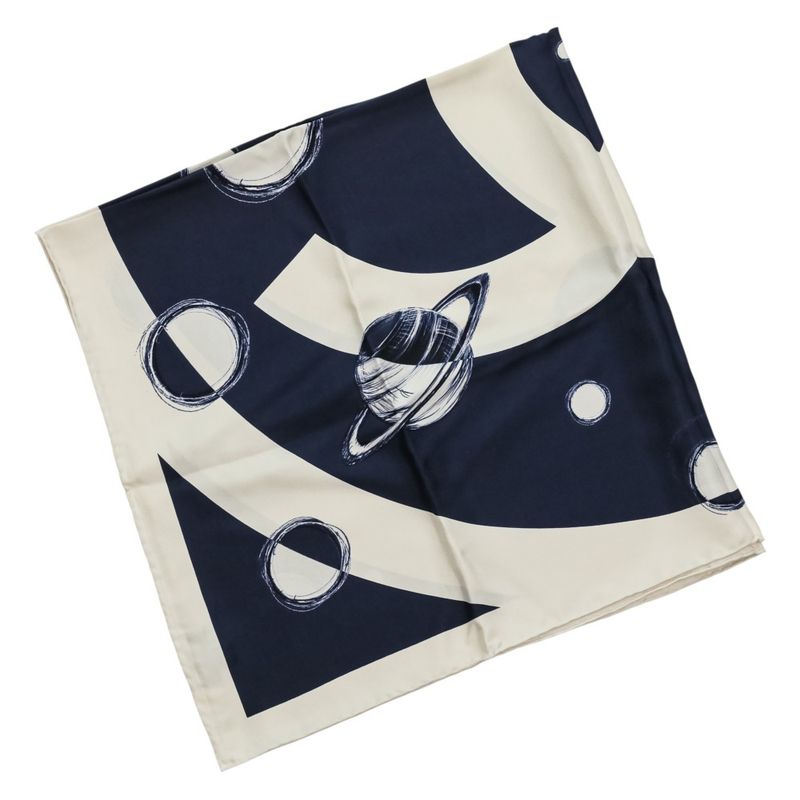 Chanel 17K CC Logo Planet Silk Scarf Ivory Navy Ivory