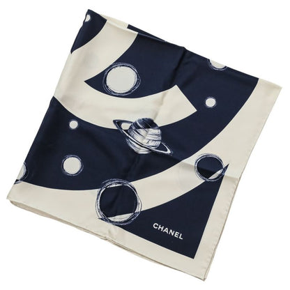 Chanel 17K CC Logo Planet Silk Scarf Ivory Navy Ivory