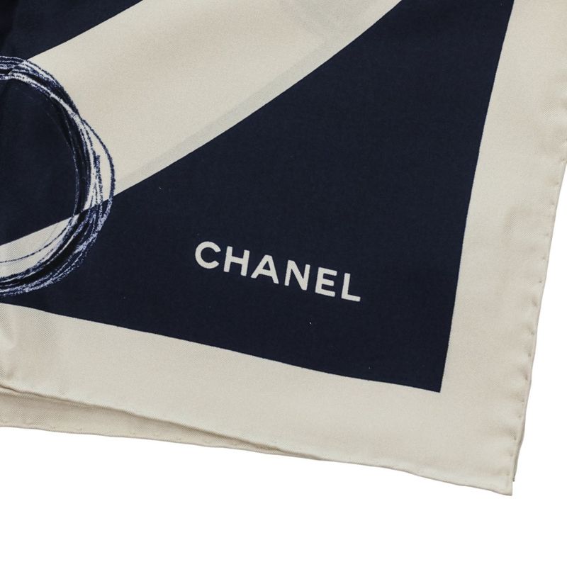 Chanel 17K CC Logo Planet Silk Scarf Ivory Navy Ivory