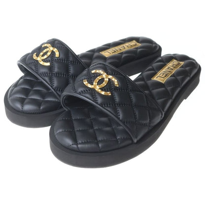 Chanel Metiers D'art Collection Lambskin CC Logo Flat Sandals Black