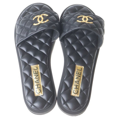 Chanel Metiers D'art Collection Lambskin CC Logo Flat Sandals Black