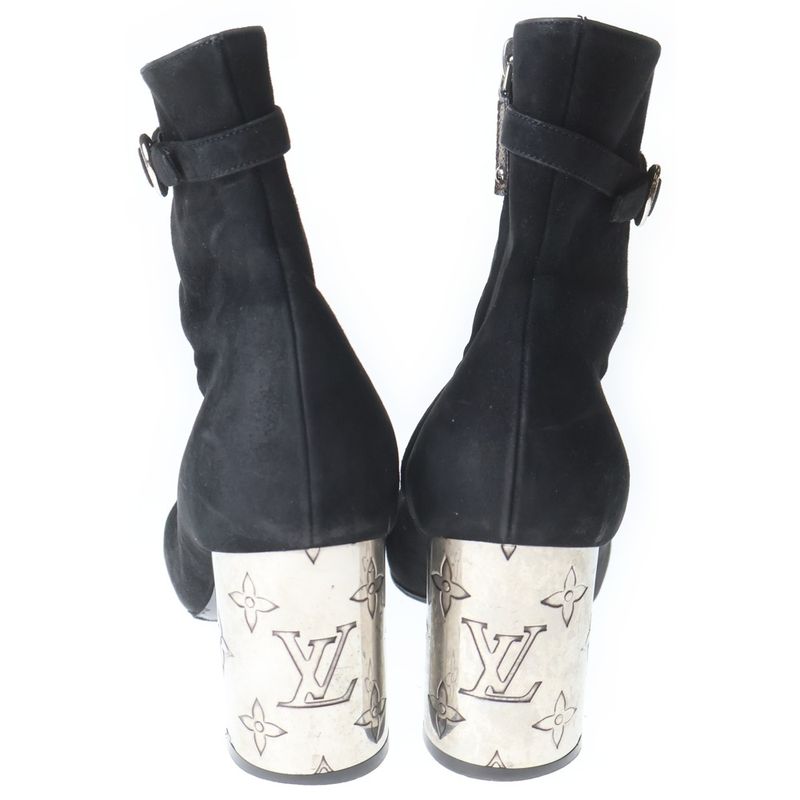 Louis Vuitton Monogram Metal Heel Side Zip Suede Leather Ankle Boots Black