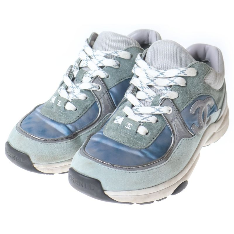 Chanel CC Logo Suede Leather Low Cut Sneakers Gray Blue Grey-blue