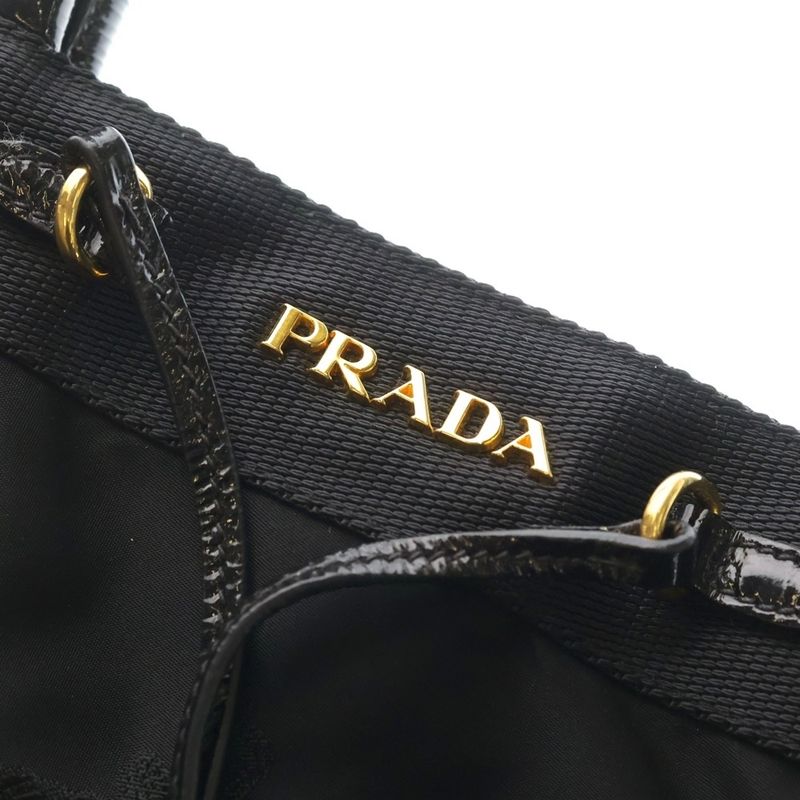 Prada Logo Jacquard Tote Mini Bag Black Leather Nylon Gold