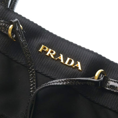 Prada Logo Jacquard Tote Mini Bag Black Leather Nylon Gold