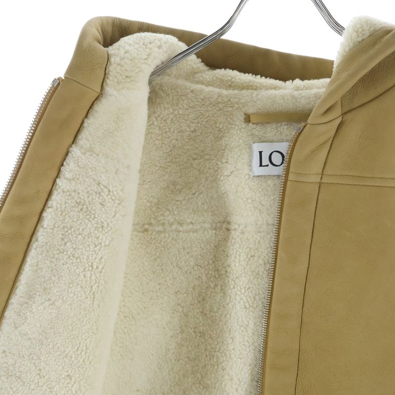Loewe Suede Leather Hooded Mouton Zip Up Jacket Beige