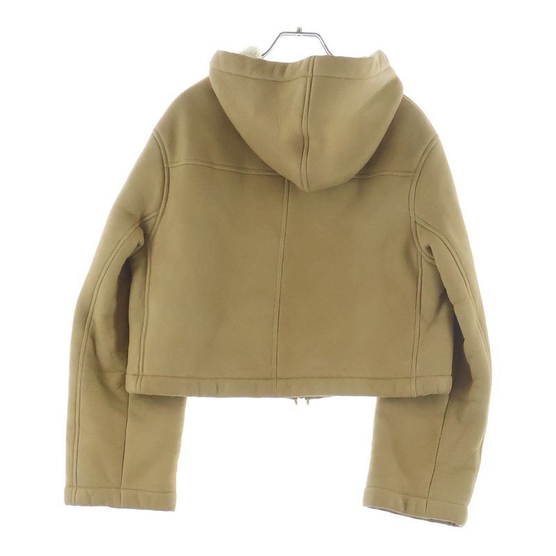 Loewe Suede Leather Hooded Mouton Zip Up Jacket Beige