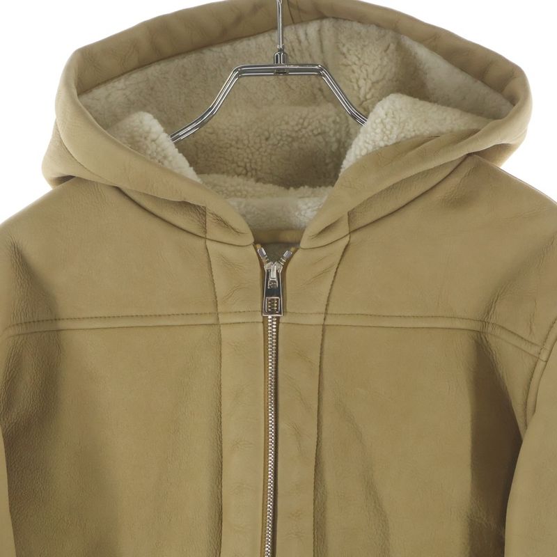 Loewe Suede Leather Hooded Mouton Zip Up Jacket Beige