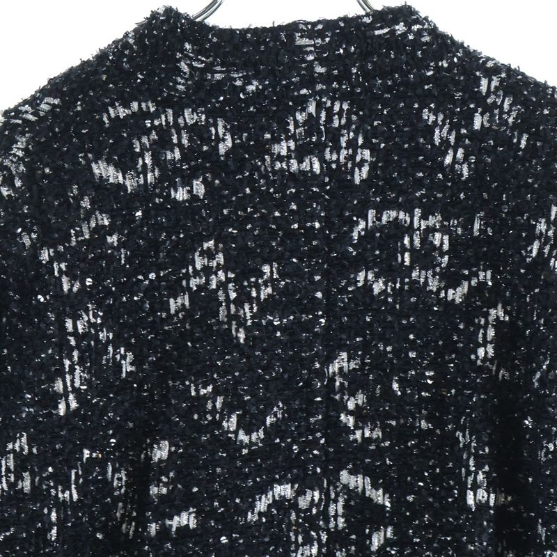 Chanel CC Logo Button Belt Tweed Sequin Jacket Black Silver